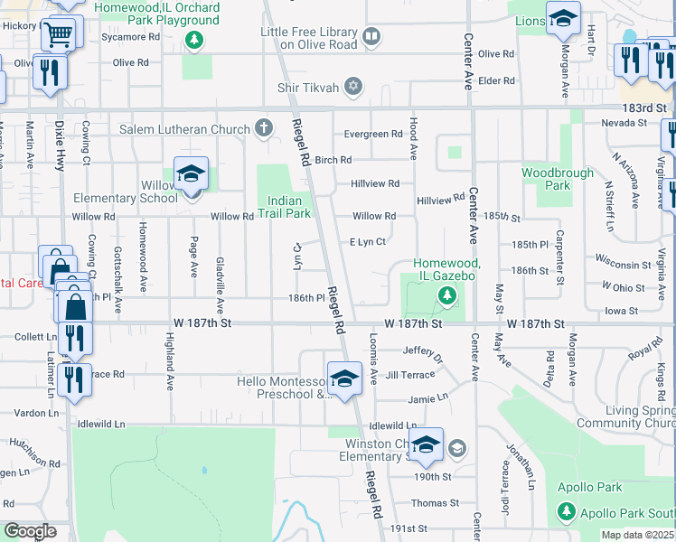 map of restaurants, bars, coffee shops, grocery stores, and more near 18600 Poplar Avenue in Homewood