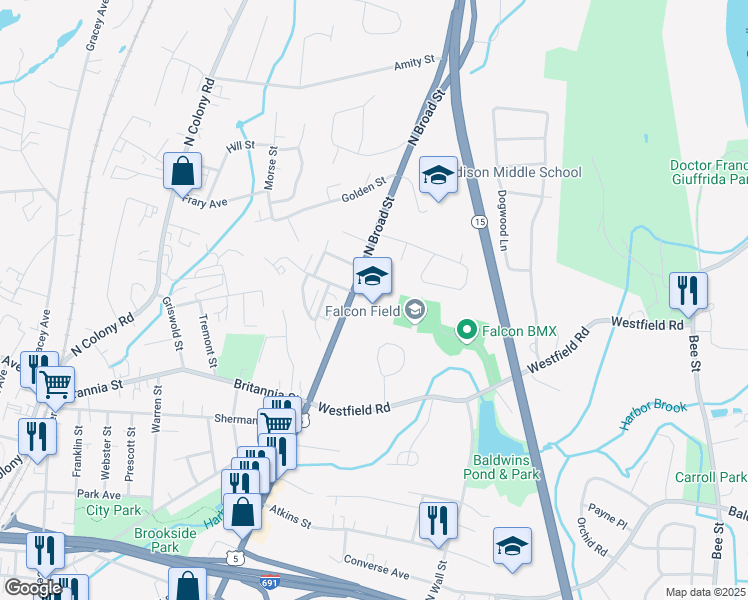 map of restaurants, bars, coffee shops, grocery stores, and more near 1225 North Broad Street in Meriden