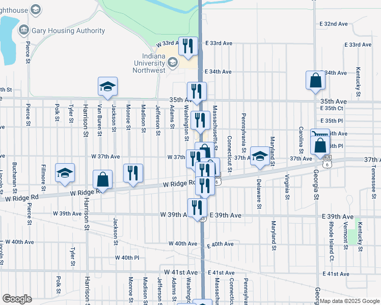 map of restaurants, bars, coffee shops, grocery stores, and more near 3673 Washington St in Gary