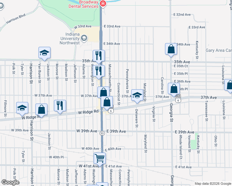map of restaurants, bars, coffee shops, grocery stores, and more near 3680 Connecticut Street in Gary