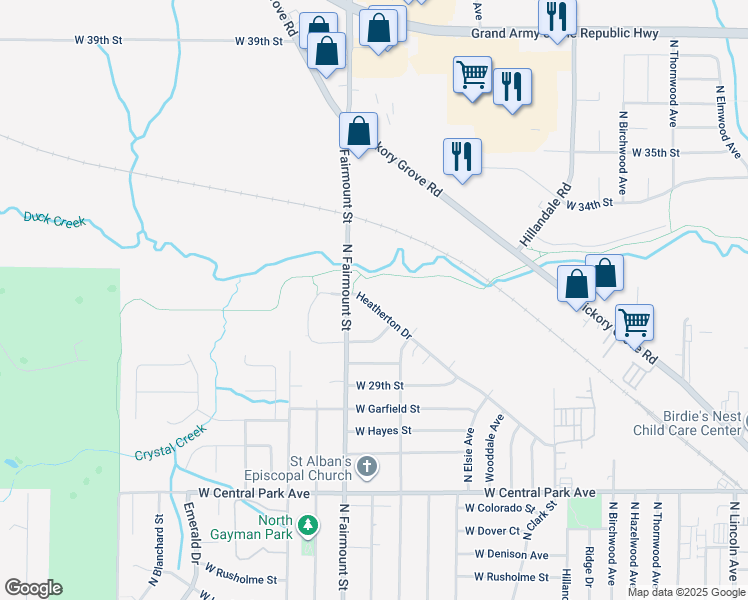 map of restaurants, bars, coffee shops, grocery stores, and more near 3558 Heatherton Drive in Davenport