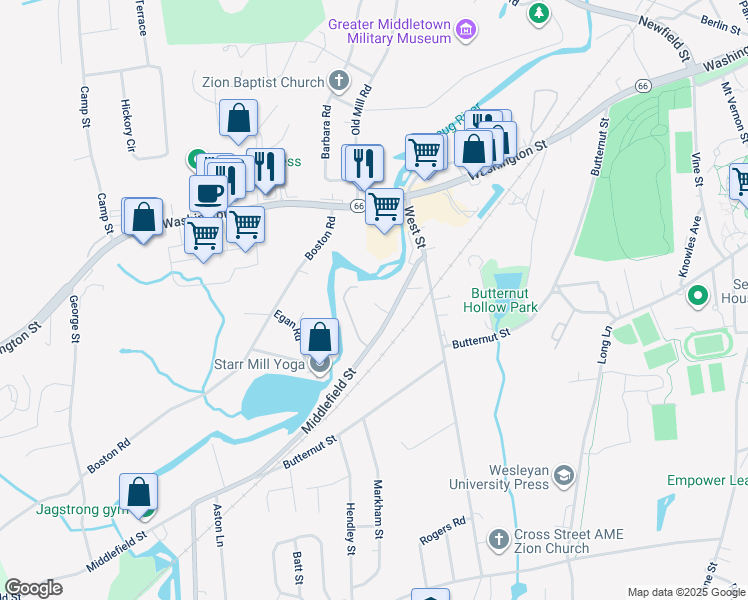 map of restaurants, bars, coffee shops, grocery stores, and more near 64 Middlefield Street in Middletown