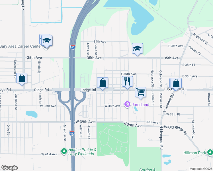 map of restaurants, bars, coffee shops, grocery stores, and more near 2500 East 37th Avenue in Lake Station