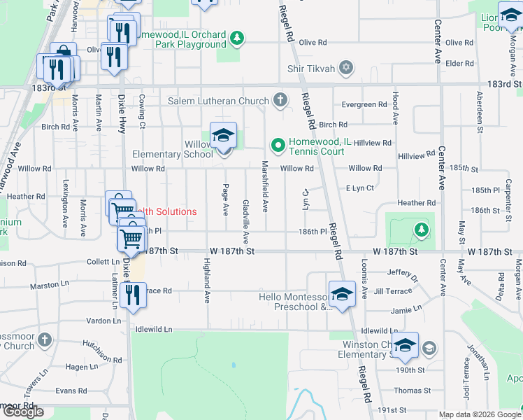 map of restaurants, bars, coffee shops, grocery stores, and more near 18624 Marshfield Avenue in Homewood