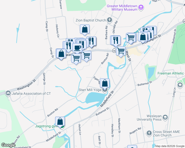 map of restaurants, bars, coffee shops, grocery stores, and more near 131 Boston Road in Middletown