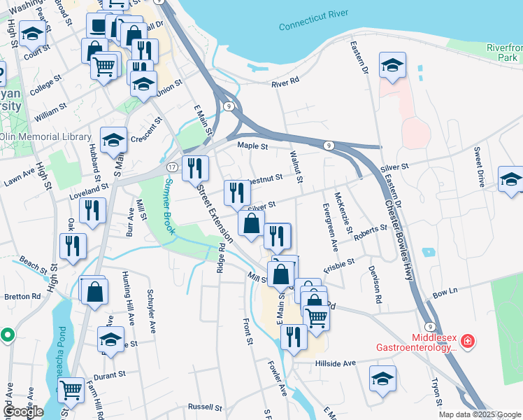 map of restaurants, bars, coffee shops, grocery stores, and more near 10 Silver Street in Middletown