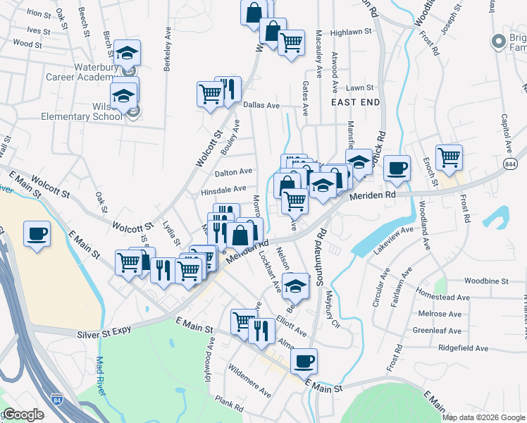 map of restaurants, bars, coffee shops, grocery stores, and more near 63 Monroe Avenue in Waterbury