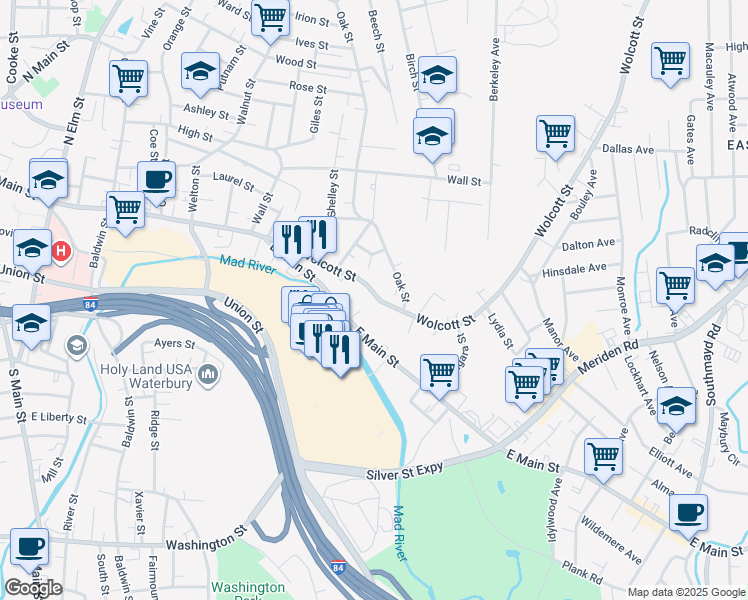 map of restaurants, bars, coffee shops, grocery stores, and more near 152 Wolcott Street in Waterbury