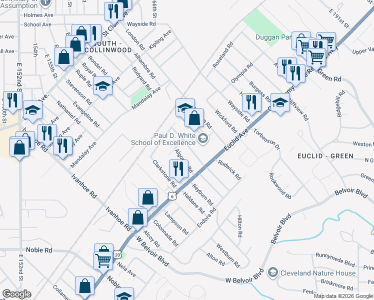 map of restaurants, bars, coffee shops, grocery stores, and more near 1754 Arabella Road in Cleveland