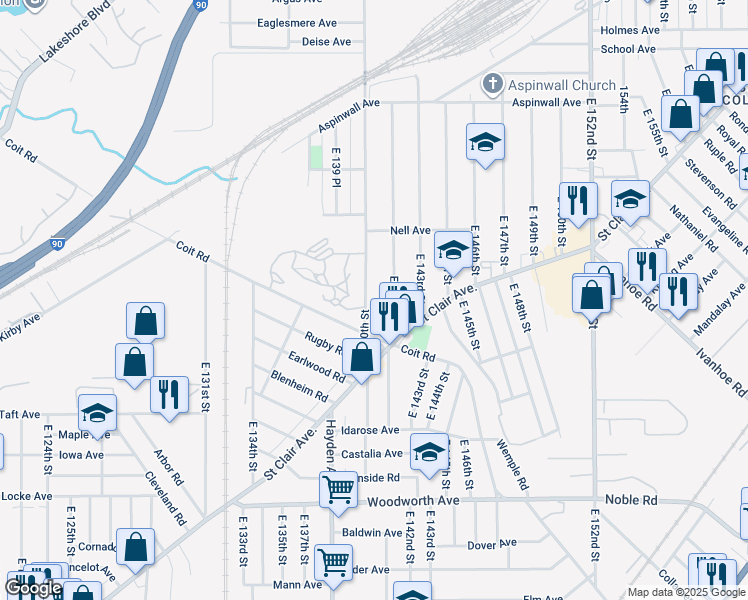 map of restaurants, bars, coffee shops, grocery stores, and more near 1013 East 140th Street in Cleveland