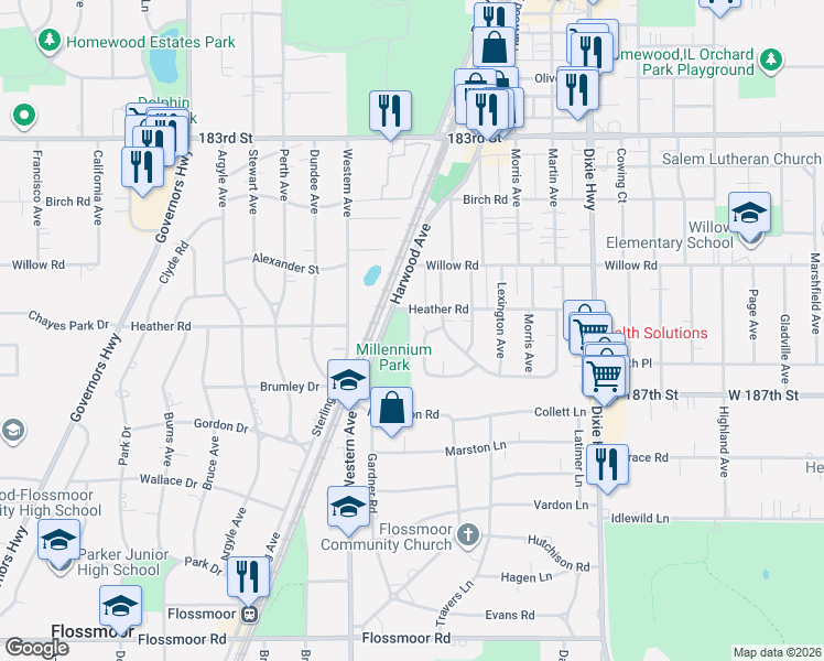 map of restaurants, bars, coffee shops, grocery stores, and more near 18614 Golfview Avenue in Homewood