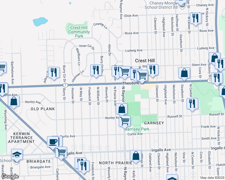 map of restaurants, bars, coffee shops, grocery stores, and more near 1518 Waverly Place in Crest Hill