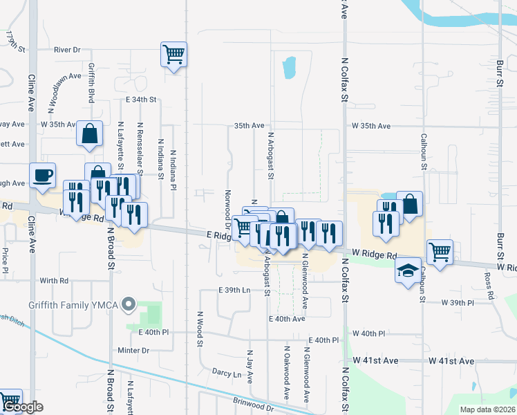 map of restaurants, bars, coffee shops, grocery stores, and more near 1643 North Jay Avenue in Griffith