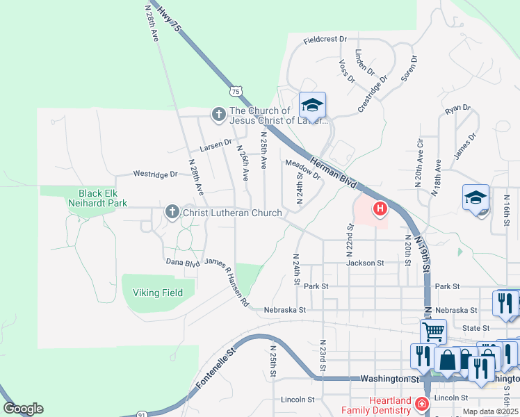map of restaurants, bars, coffee shops, grocery stores, and more near 2526 College Drive in Blair