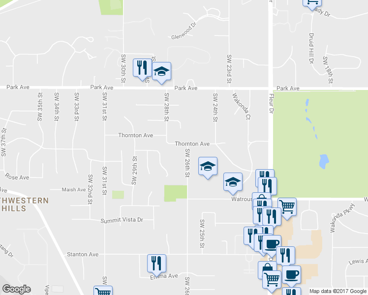 map of restaurants, bars, coffee shops, grocery stores, and more near 2600 Thornton Ave in Des Moines