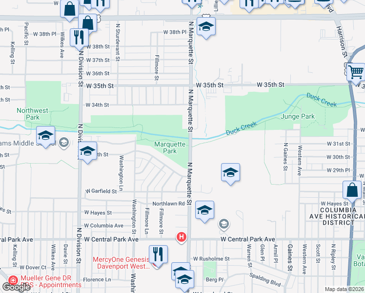 map of restaurants, bars, coffee shops, grocery stores, and more near North George Washington Boulevard in Davenport