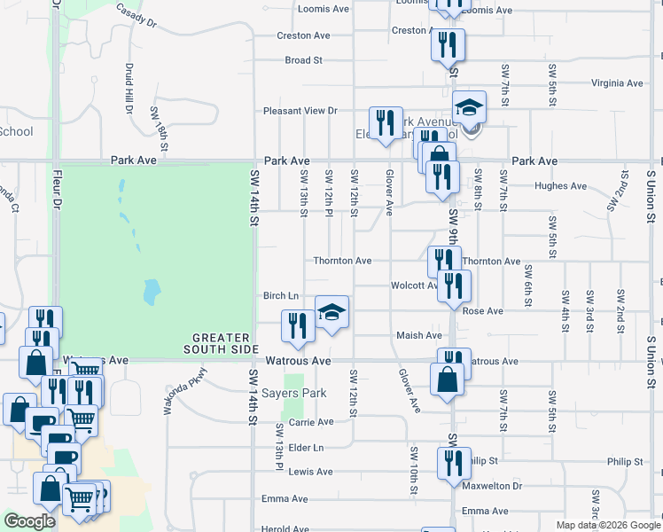 map of restaurants, bars, coffee shops, grocery stores, and more near 1220 Thornton Avenue in Des Moines