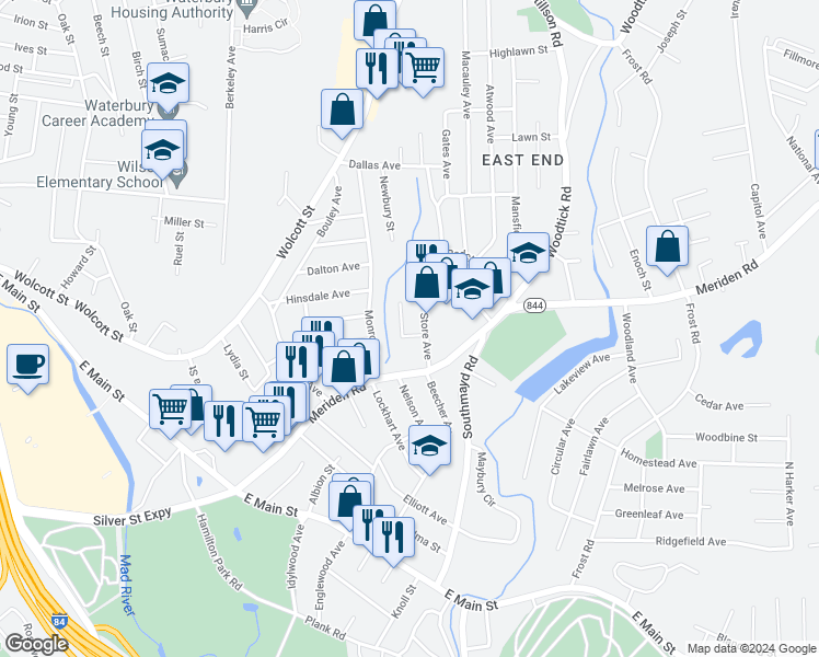map of restaurants, bars, coffee shops, grocery stores, and more near 20 Newman Avenue in Waterbury