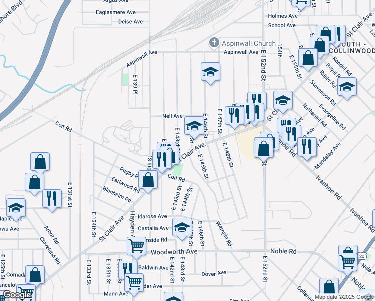 map of restaurants, bars, coffee shops, grocery stores, and more near 14339 Saint Clair Avenue in Cleveland