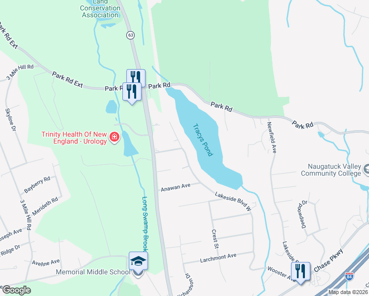 map of restaurants, bars, coffee shops, grocery stores, and more near 658 Lakeside Boulevard East in Waterbury