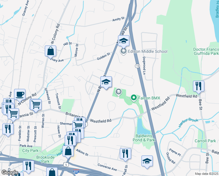 map of restaurants, bars, coffee shops, grocery stores, and more near 1225 North Broad Street in Meriden