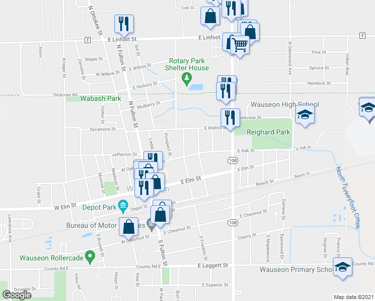 map of restaurants, bars, coffee shops, grocery stores, and more near 309 East Oak Street in Wauseon