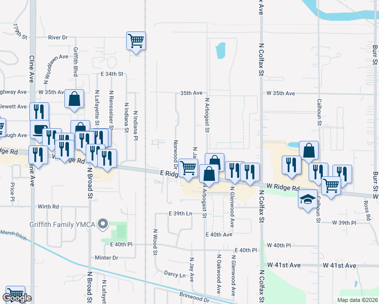 map of restaurants, bars, coffee shops, grocery stores, and more near 1643 North Jay Avenue in Griffith