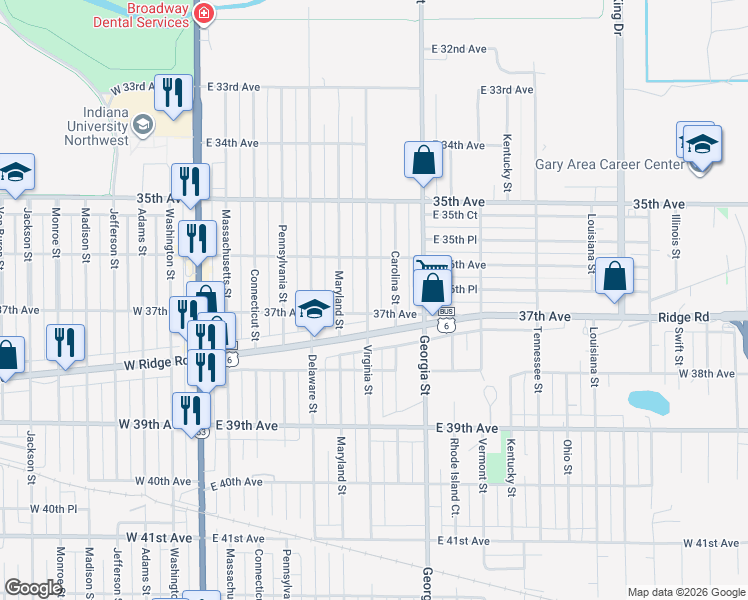 map of restaurants, bars, coffee shops, grocery stores, and more near 3664 Carolina Street in Gary