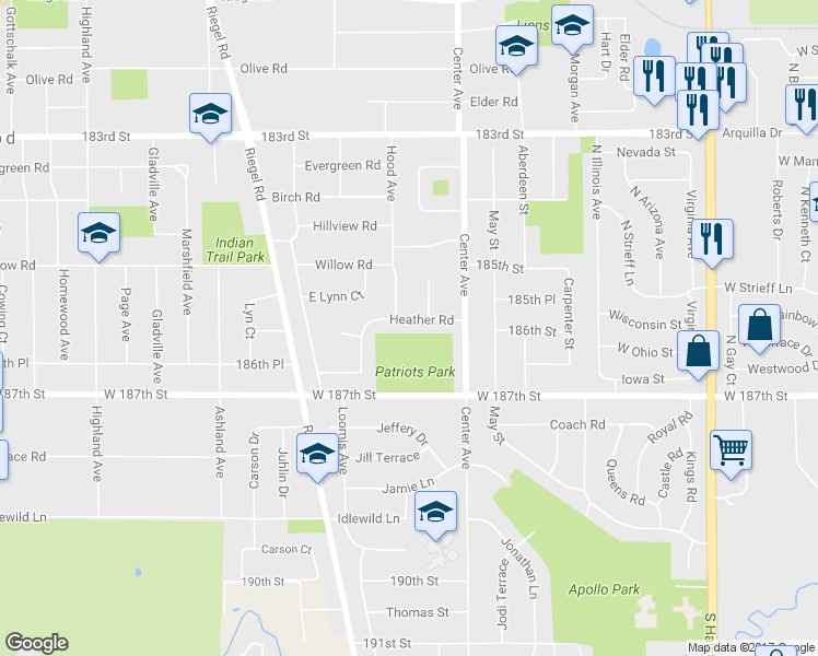 map of restaurants, bars, coffee shops, grocery stores, and more near 1247 Heather Road in Homewood