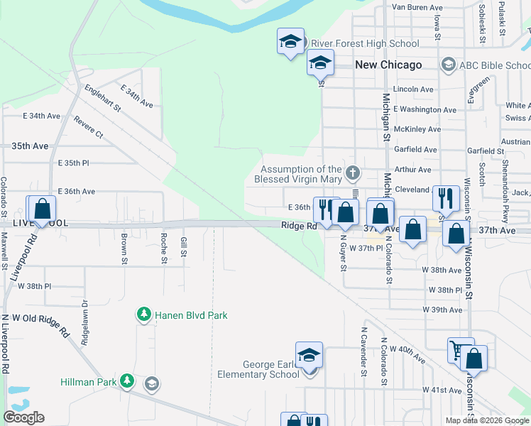 map of restaurants, bars, coffee shops, grocery stores, and more near 10 1/2 East 36th Place in Hobart
