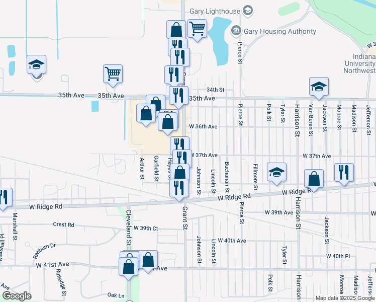 map of restaurants, bars, coffee shops, grocery stores, and more near 3685 Grant Street in Gary