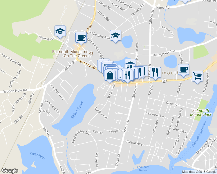 map of restaurants, bars, coffee shops, grocery stores, and more near 25 Glenwood Avenue in Falmouth