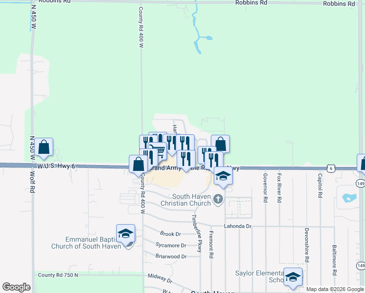 map of restaurants, bars, coffee shops, grocery stores, and more near 98 Harmony Trail in Valparaiso