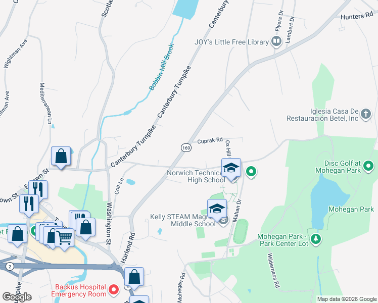map of restaurants, bars, coffee shops, grocery stores, and more near 201 Harland Road in Norwich