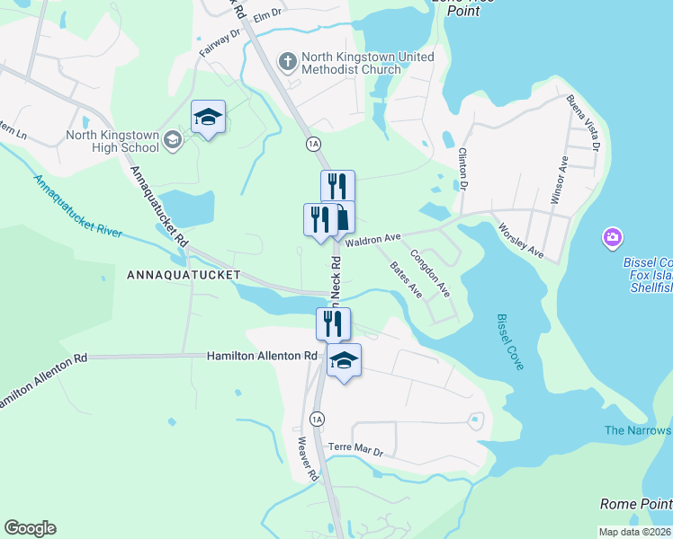 map of restaurants, bars, coffee shops, grocery stores, and more near 710 Boston Neck Road in North Kingstown