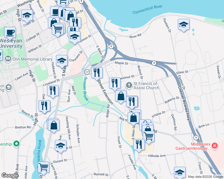 map of restaurants, bars, coffee shops, grocery stores, and more near 167 East Main Street in Middletown
