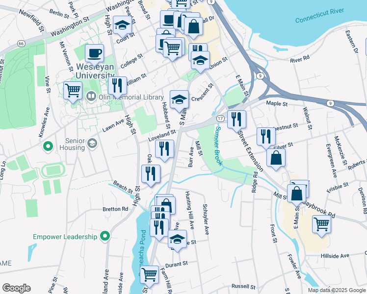 map of restaurants, bars, coffee shops, grocery stores, and more near 168 South Main Street in Middletown