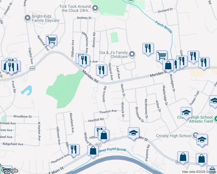 map of restaurants, bars, coffee shops, grocery stores, and more near 1038 Meriden Road in Waterbury