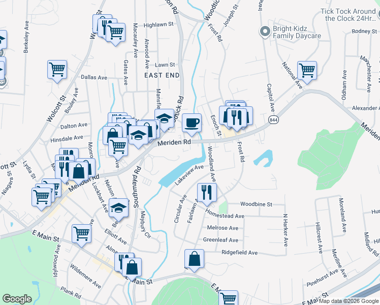 map of restaurants, bars, coffee shops, grocery stores, and more near 440 Meriden Road in Waterbury