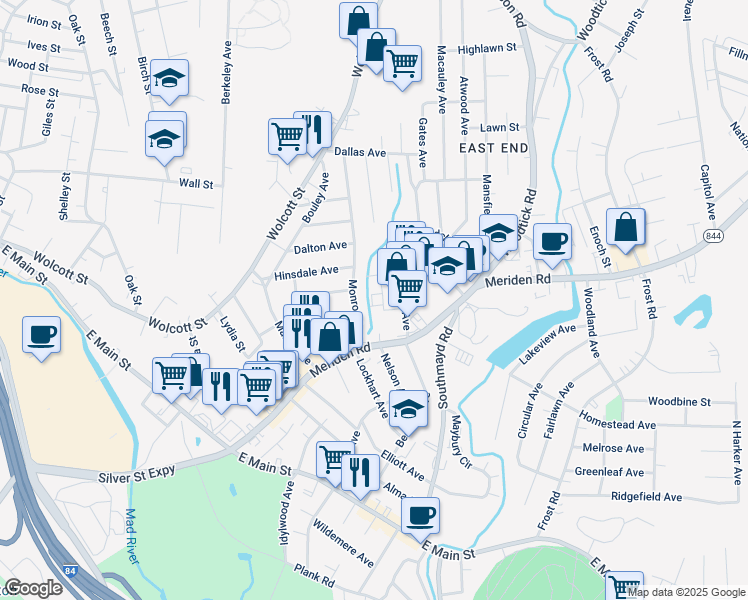 map of restaurants, bars, coffee shops, grocery stores, and more near 20 Newman Avenue in Waterbury