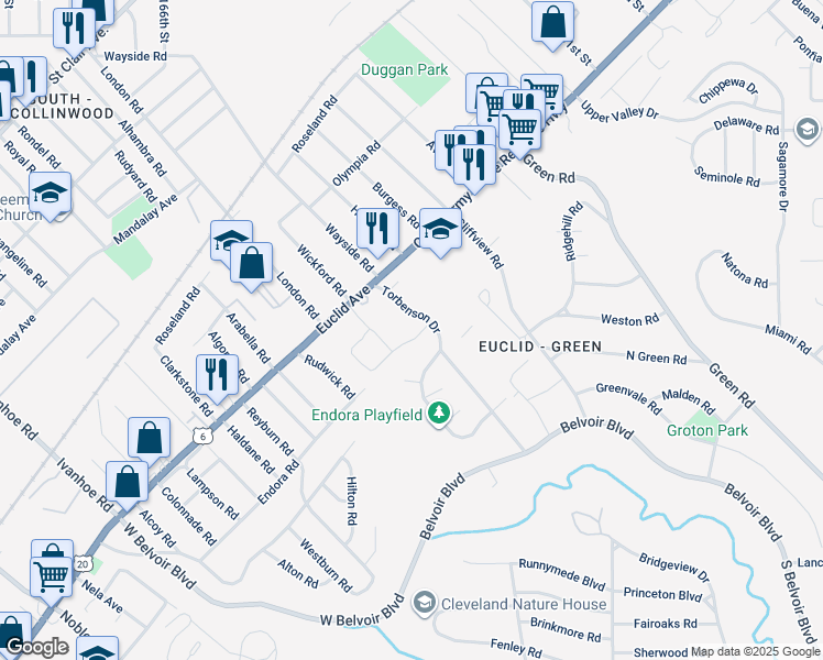 map of restaurants, bars, coffee shops, grocery stores, and more near 17730 Colonial Heights Boulevard in Cleveland