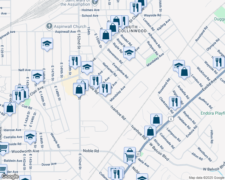 map of restaurants, bars, coffee shops, grocery stores, and more near 15755 Mandalay Avenue in Cleveland
