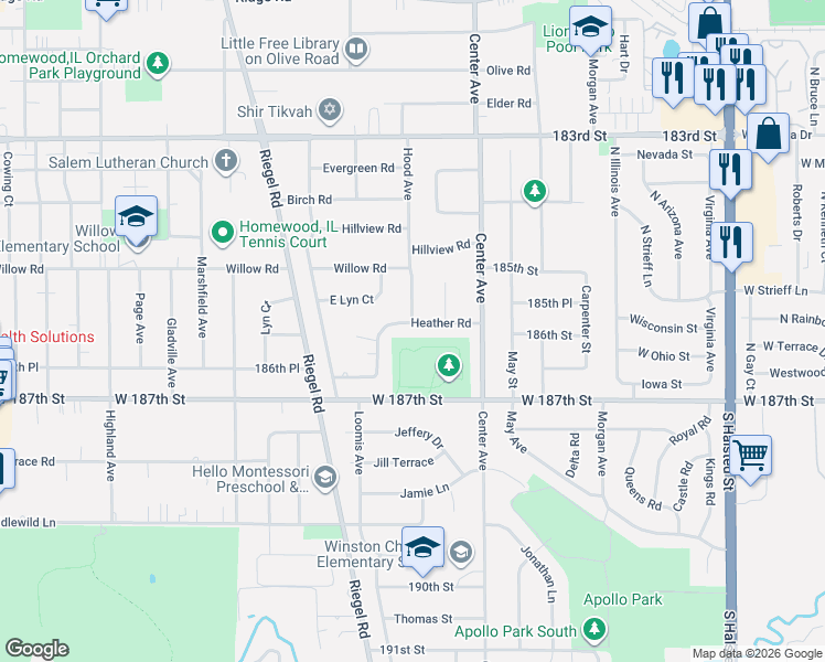 map of restaurants, bars, coffee shops, grocery stores, and more near 1247 Heather Road in Homewood