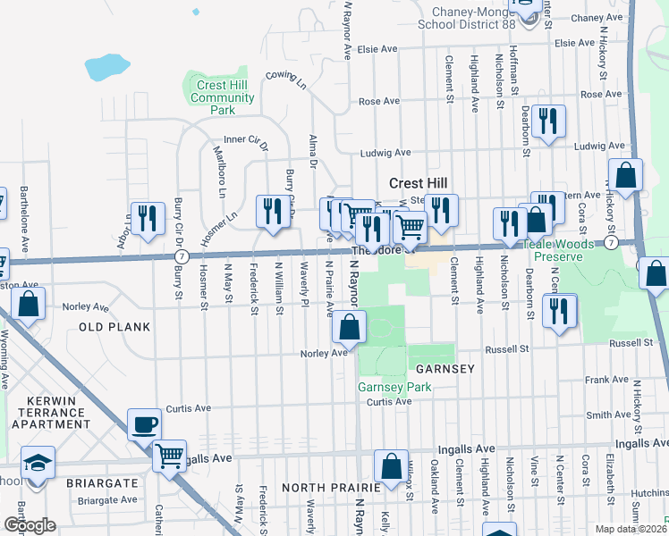 map of restaurants, bars, coffee shops, grocery stores, and more near 1516 North Prairie Avenue in Joliet
