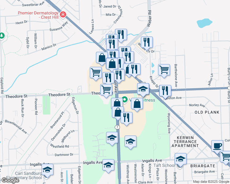 map of restaurants, bars, coffee shops, grocery stores, and more near 1800-1810 Theodore Street in Crest Hill
