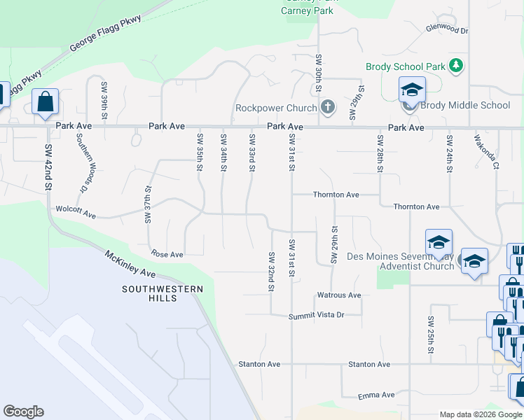 map of restaurants, bars, coffee shops, grocery stores, and more near 3220 Wolcott Avenue in Des Moines