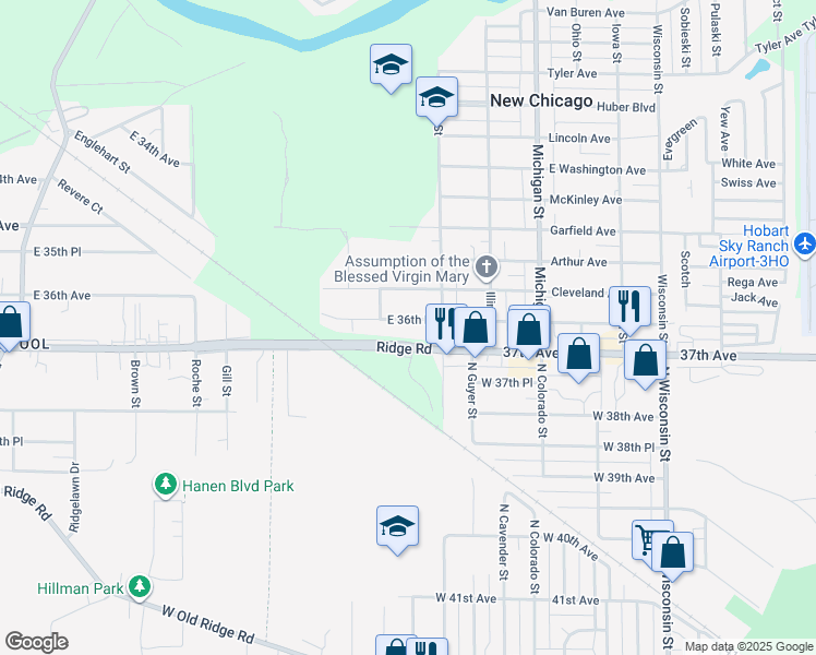 map of restaurants, bars, coffee shops, grocery stores, and more near 903 East 36th Place in Hobart