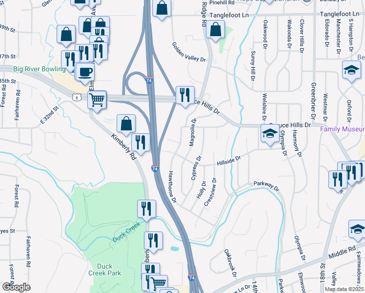 map of restaurants, bars, coffee shops, grocery stores, and more near 2841 Hawthorne Drive in Bettendorf