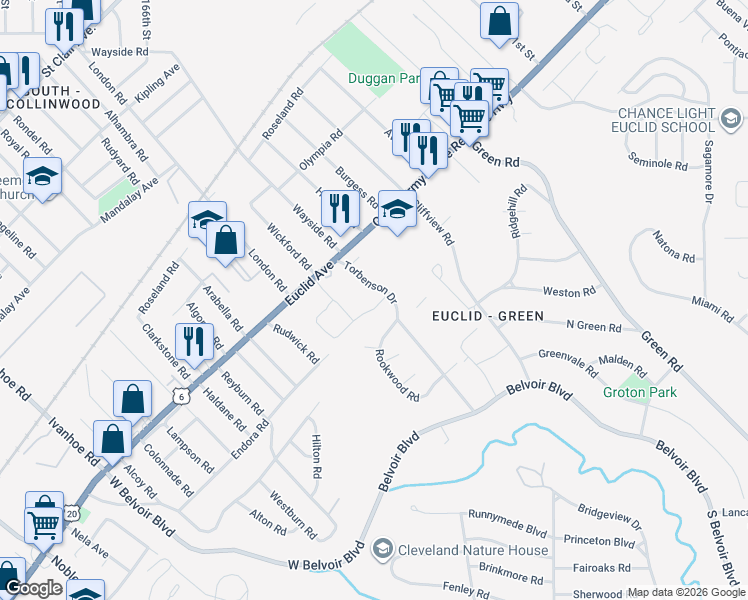 map of restaurants, bars, coffee shops, grocery stores, and more near 17729 Colonial Heights Boulevard in Cleveland