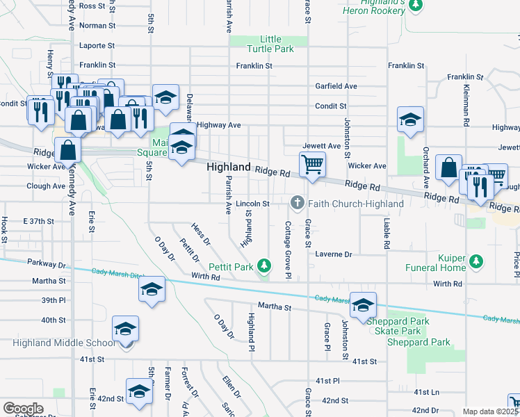 map of restaurants, bars, coffee shops, grocery stores, and more near 3232 Lincoln Street in Highland